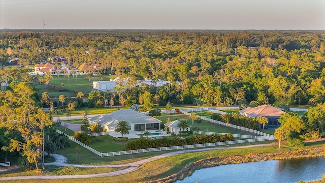 drone / aerial view featuring a water view and a wooded view