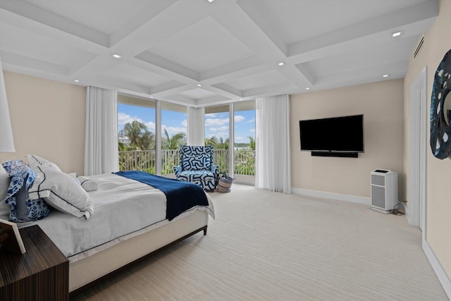 bedroom with baseboards, coffered ceiling, beam ceiling, and light colored carpet