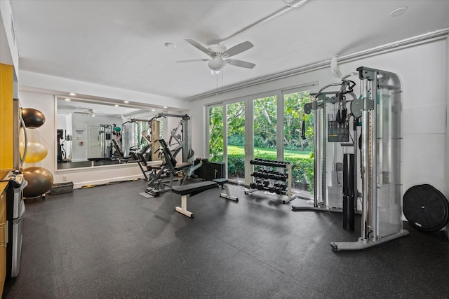 exercise room featuring ceiling fan