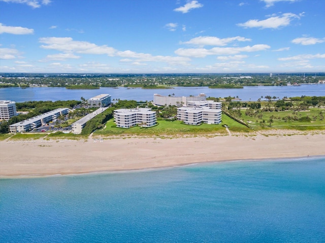 aerial view featuring a water view and a view of the beach