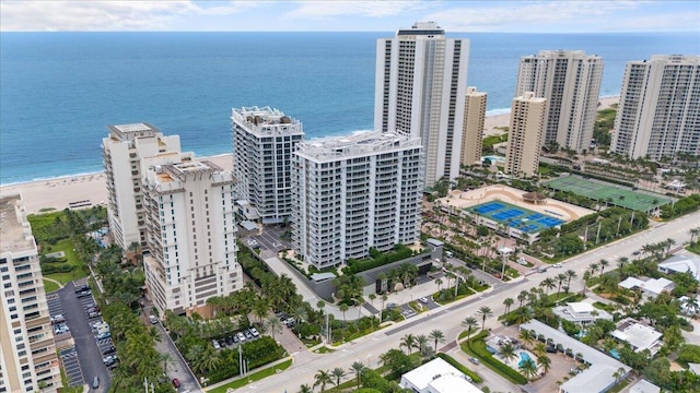 aerial view with a water view and a view of city