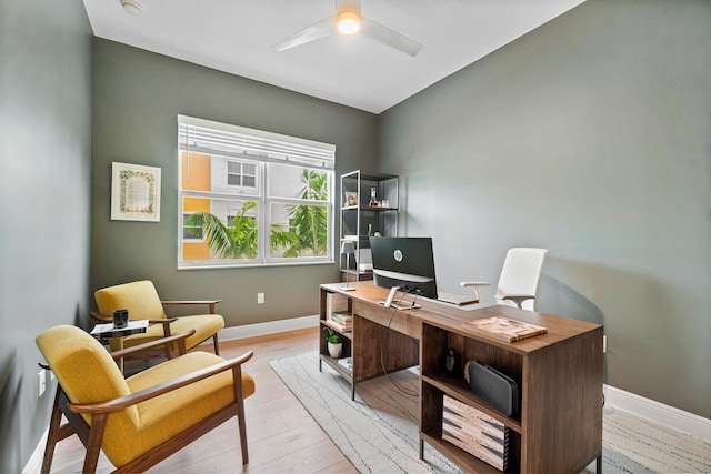 office area featuring ceiling fan and light wood-type flooring