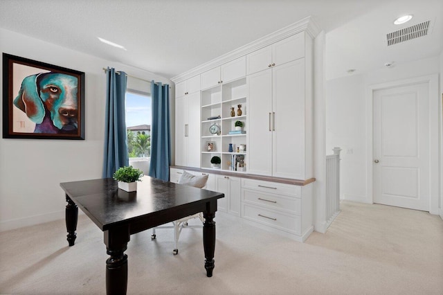 office area featuring light colored carpet