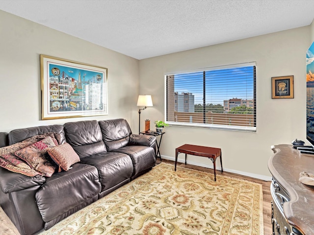 living room featuring a textured ceiling and light hardwood / wood-style floors