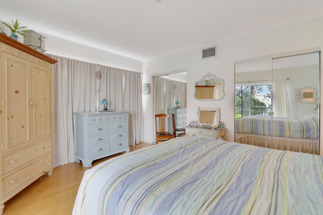 bedroom with light hardwood / wood-style floors and a closet