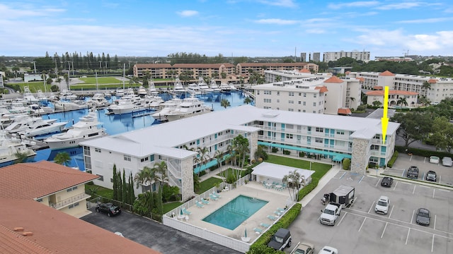 drone / aerial view featuring a water view