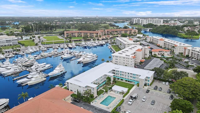 drone / aerial view with a water view