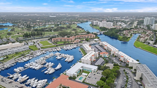 birds eye view of property featuring a water view