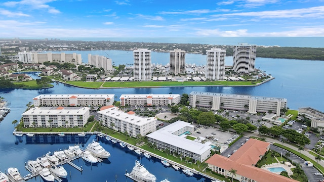 birds eye view of property featuring a water view