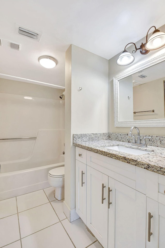 full bathroom with shower / bathing tub combination, vanity, toilet, and tile patterned flooring