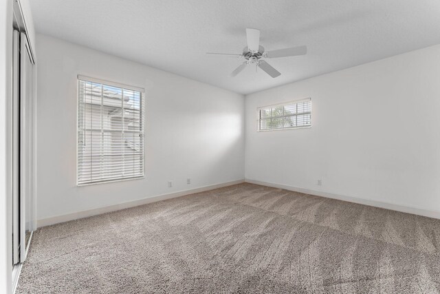 empty room featuring ceiling fan and carpet