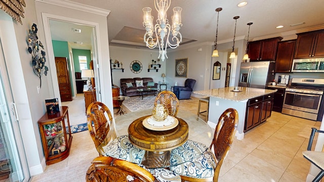 tiled dining space with ornamental molding and a notable chandelier