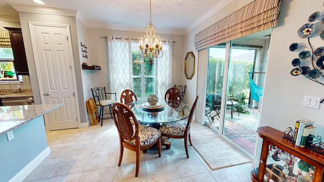 tiled dining room with a wealth of natural light, ornamental molding, and an inviting chandelier