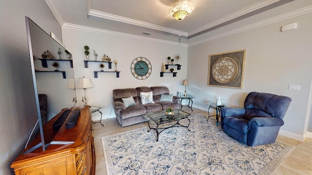 tiled living room with a textured ceiling, crown molding, and a raised ceiling