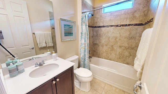 full bathroom featuring tile patterned floors, vanity, shower / tub combo, and toilet