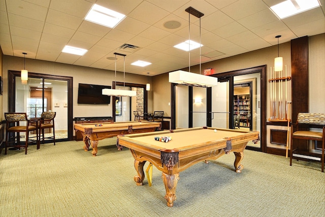 recreation room featuring a drop ceiling, carpet, and pool table