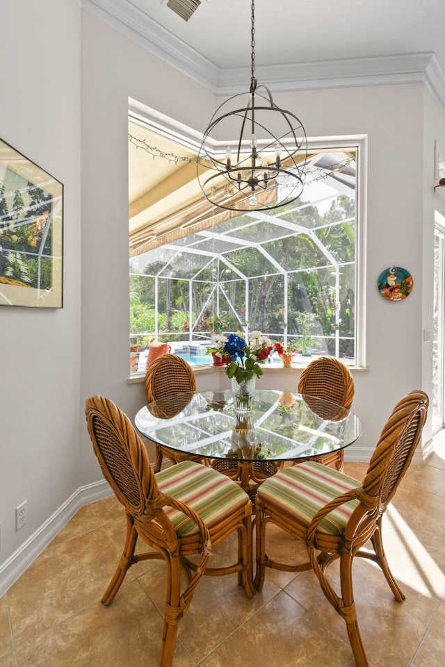 dining space featuring tile patterned flooring and ornamental molding