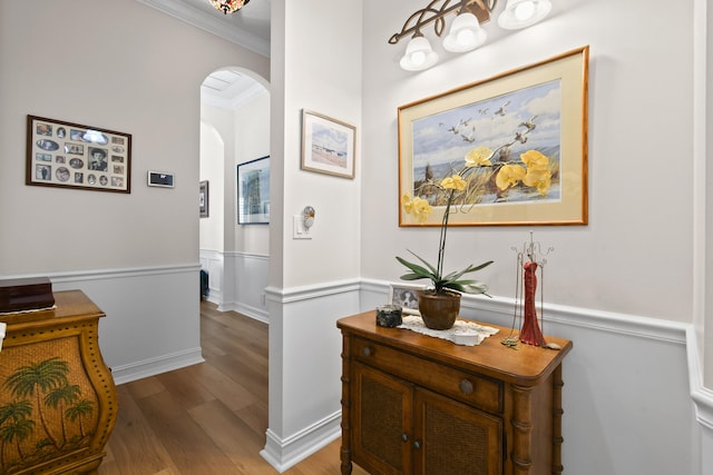 hallway with wood-type flooring and ornamental molding