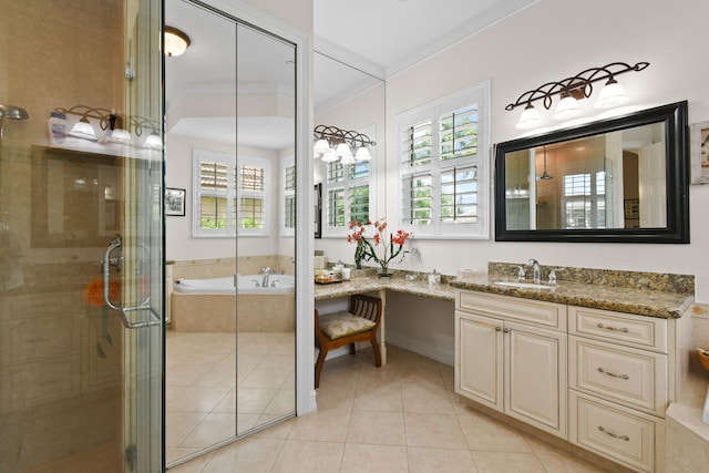 bathroom with vanity, tile patterned flooring, plus walk in shower, and ornamental molding