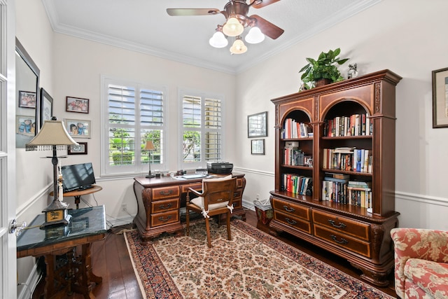 office area with hardwood / wood-style floors, ceiling fan, and crown molding