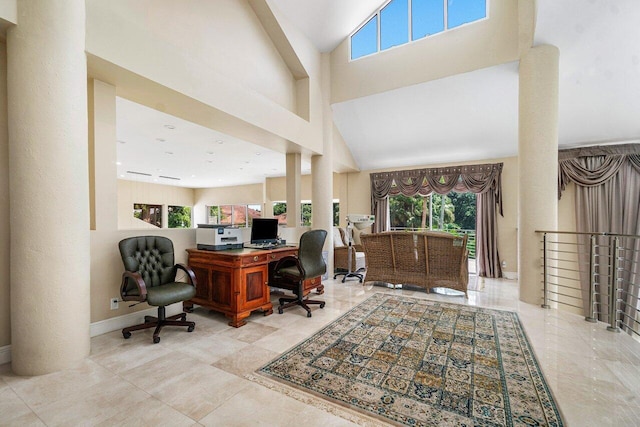 home office with a high ceiling