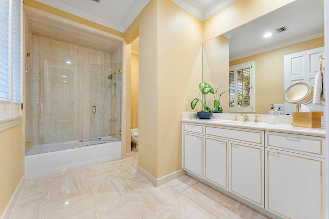 full bathroom with toilet, visible vents, baseboards, vanity, and crown molding