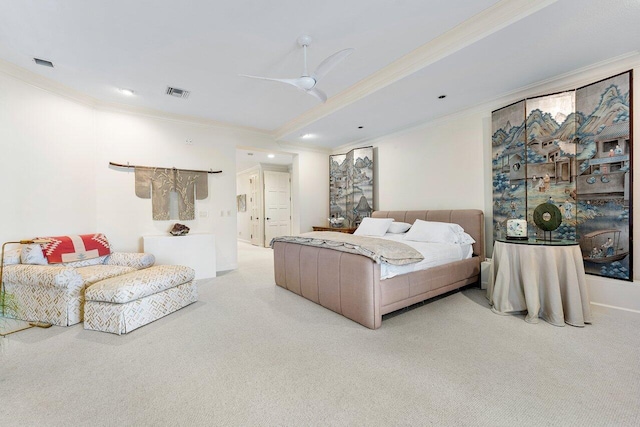 bedroom featuring light colored carpet, visible vents, crown molding, and recessed lighting