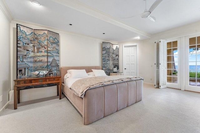 bedroom featuring access to outside, baseboards, crown molding, and light colored carpet