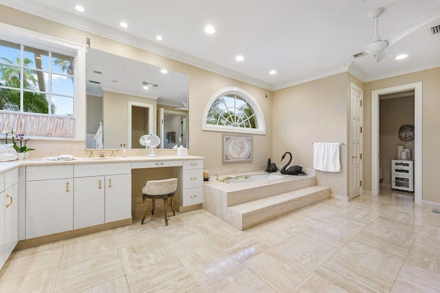 full bath with vanity, a garden tub, a ceiling fan, and crown molding