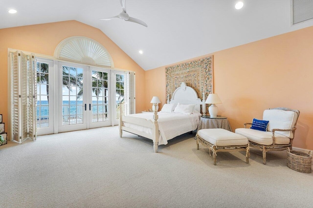 bedroom with access to exterior, french doors, recessed lighting, carpet flooring, and ceiling fan