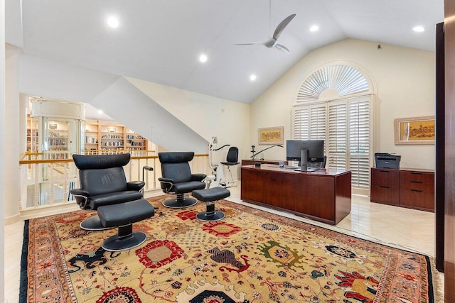 office space featuring lofted ceiling, ceiling fan, and recessed lighting