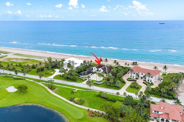 aerial view featuring a beach view and a water view