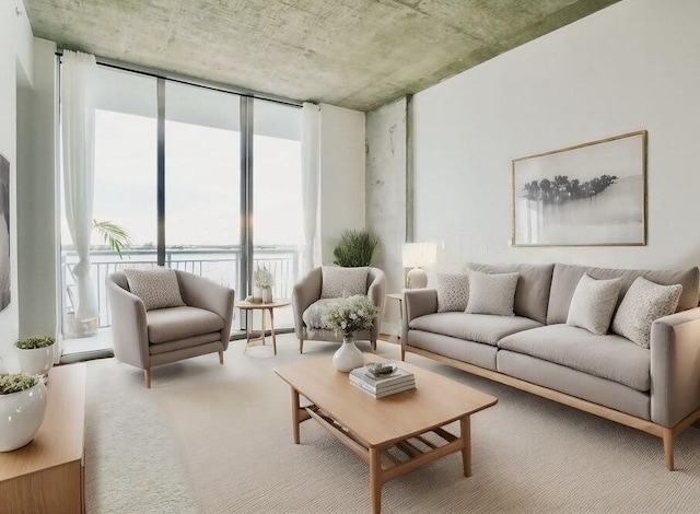 carpeted living room with expansive windows