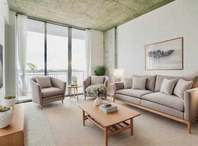 carpeted living room with a wall of windows