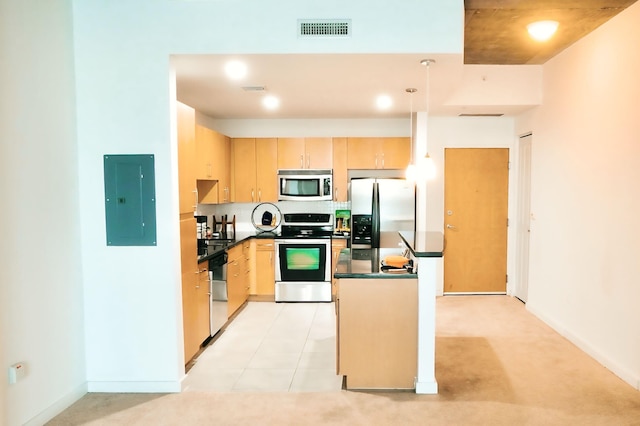 kitchen with appliances with stainless steel finishes, electric panel, hanging light fixtures, and light brown cabinets