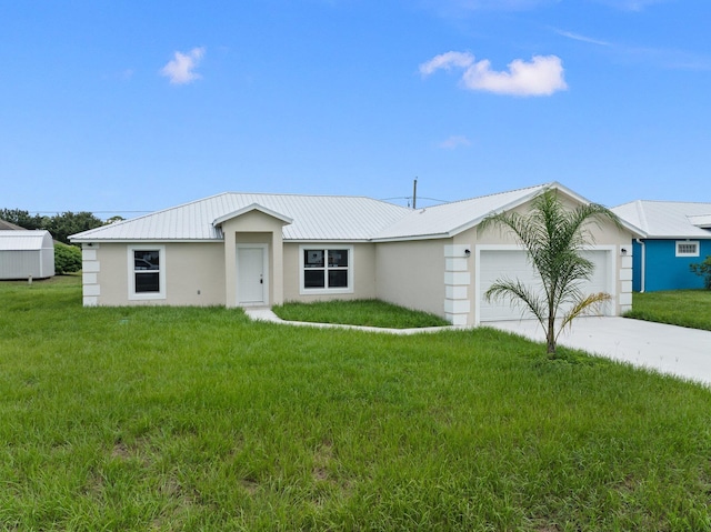 single story home featuring a garage and a front yard