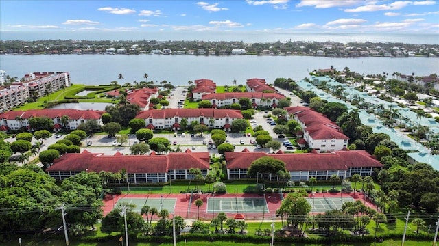 drone / aerial view with a water view