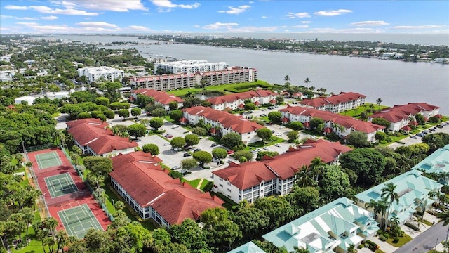 bird's eye view with a water view