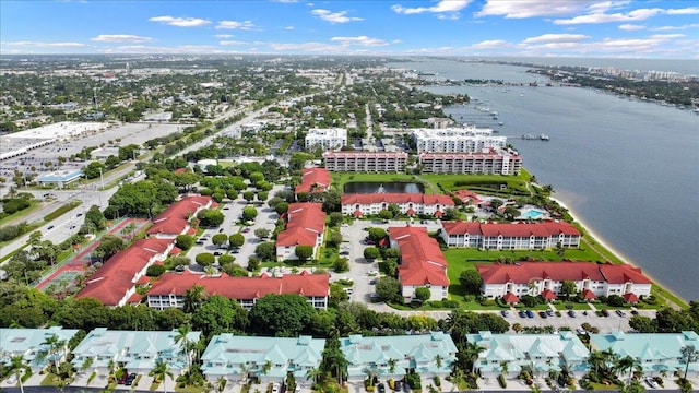 drone / aerial view featuring a water view