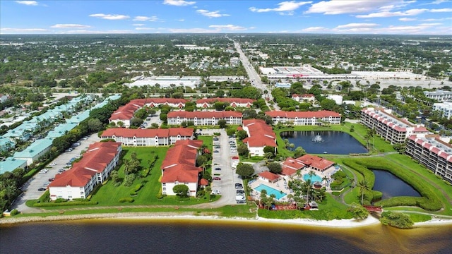 drone / aerial view featuring a water view