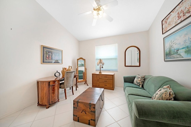 living room featuring ceiling fan, vaulted ceiling, and light tile patterned flooring