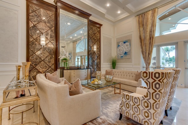 living room featuring a towering ceiling, crown molding, beamed ceiling, and coffered ceiling