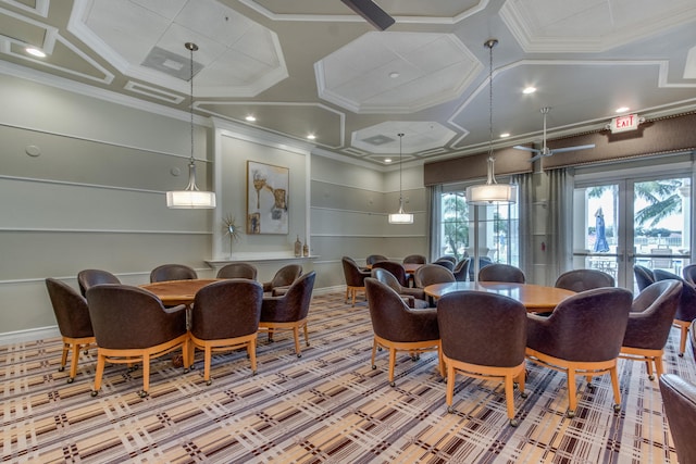 dining area with french doors, ornamental molding, and carpet floors