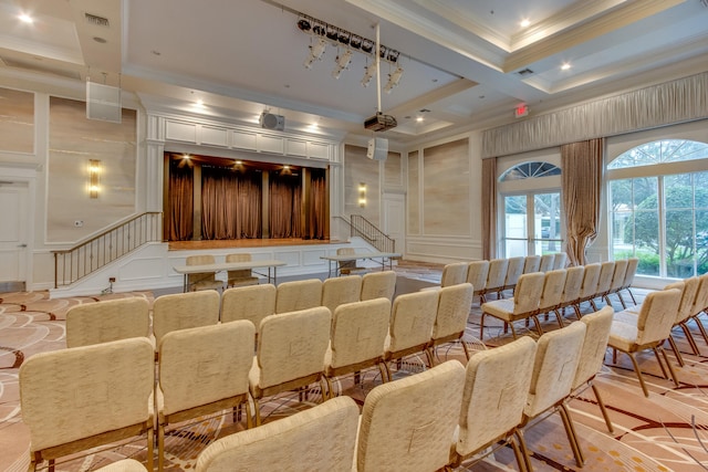 cinema with crown molding, coffered ceiling, and beamed ceiling