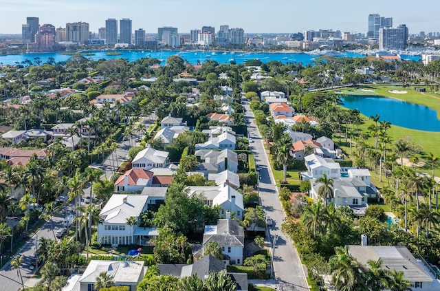 birds eye view of property featuring a water view