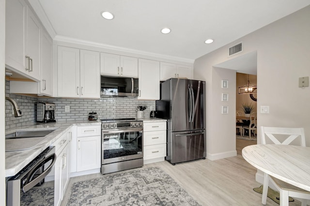 kitchen featuring white cabinets, appliances with stainless steel finishes, light hardwood / wood-style floors, sink, and tasteful backsplash