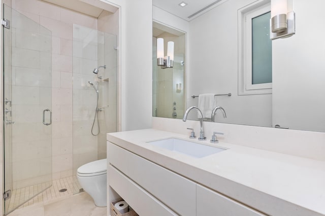 bathroom featuring tile patterned flooring, walk in shower, toilet, and vanity