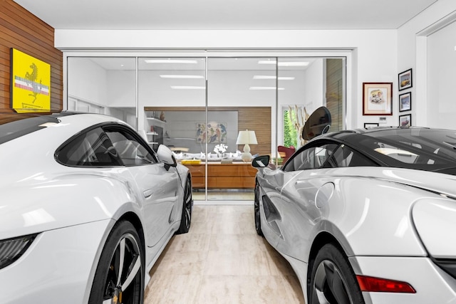 garage with wood walls