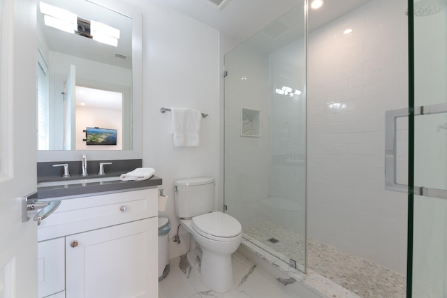 bathroom with vanity, toilet, and a shower with shower door