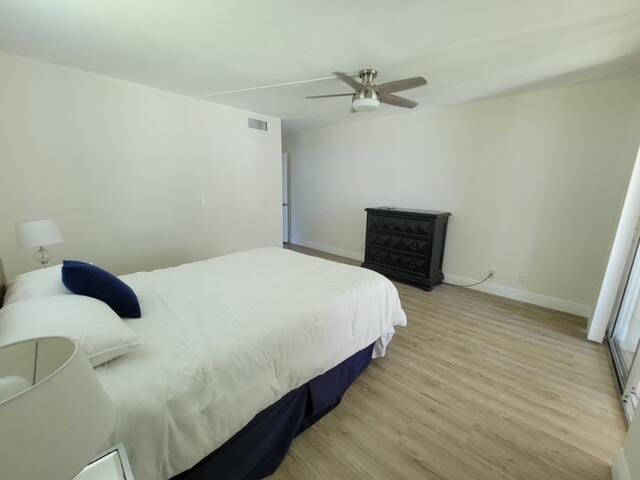 bedroom with ceiling fan and light hardwood / wood-style floors